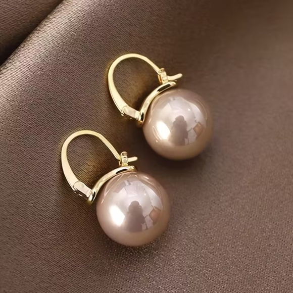 Champagne Faux Pearl Drop Earrings - Gold-Tone Hoop Dangle - Picture 3 of 5
